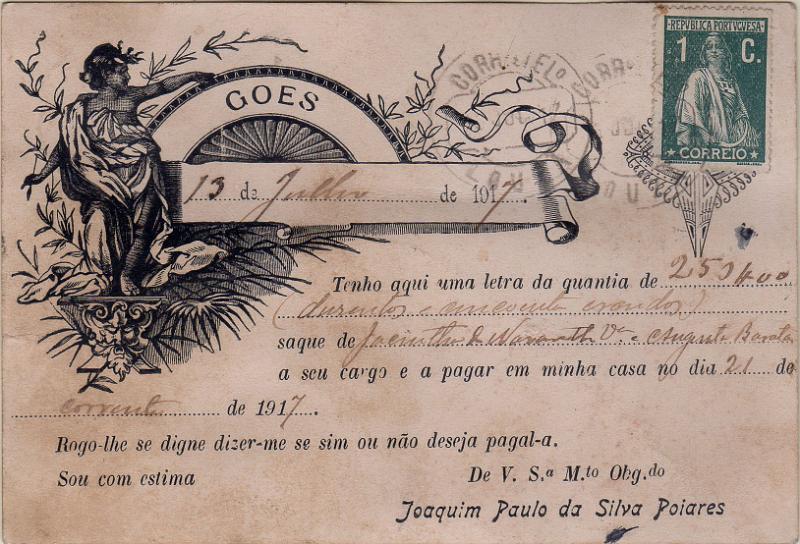 1797 f.jpg -     Lote:    1797 (frente)                   Descrição:         Carimbos circulares datados, tipo 1880. 1912 &mdash; Ceres. CE208, 1c verde, denteado 15x14, papel esmalte, em postal ilustrado circulado de Loulé (13.07.17) para Pombeiro (14.07.17). Carimbo batido a preto de "POMBEIRO".        PI       Valor Base:     &euro; 10,00     Valor Venda:     &euro;      